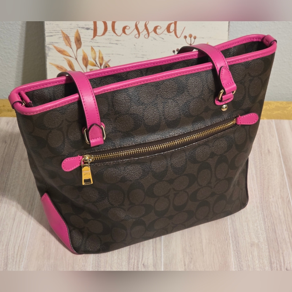 Coach Beautiful Hot Pink Signature Tote F34603 Brown & Pink Shoulder Bag Purse - Picture 3 of 7